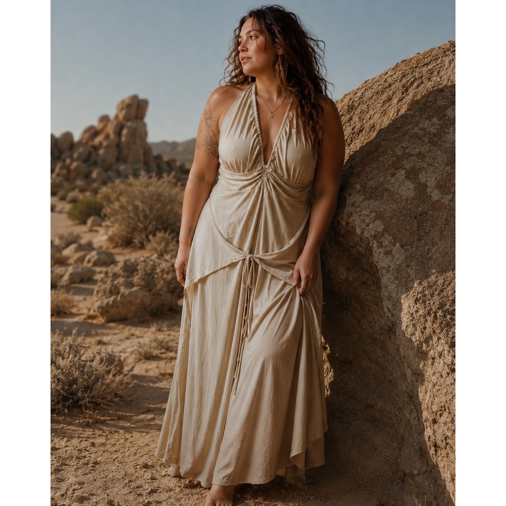 Nicole Williams English x bar III Tan Halter Jumpsuit 1X Glam Grecian Draped